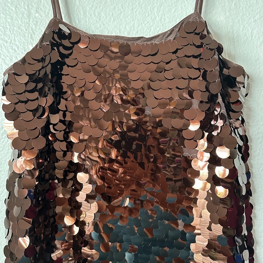 WILD FABLE Brown Big Sequins Spaghetti Strap Mini Pull On Medium Dress BNWT - Picture 4 of 7